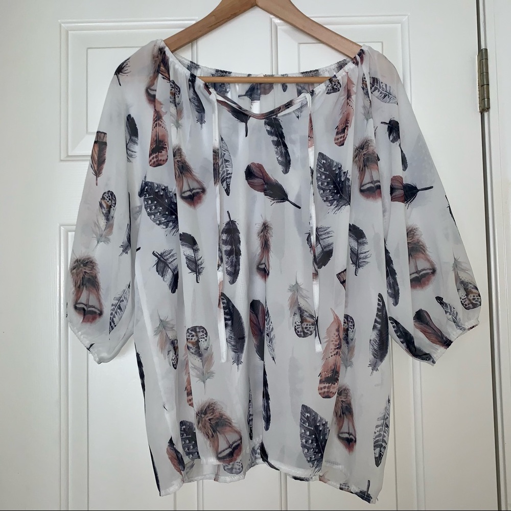 Feather Pattern Sheer Peasant Blouse